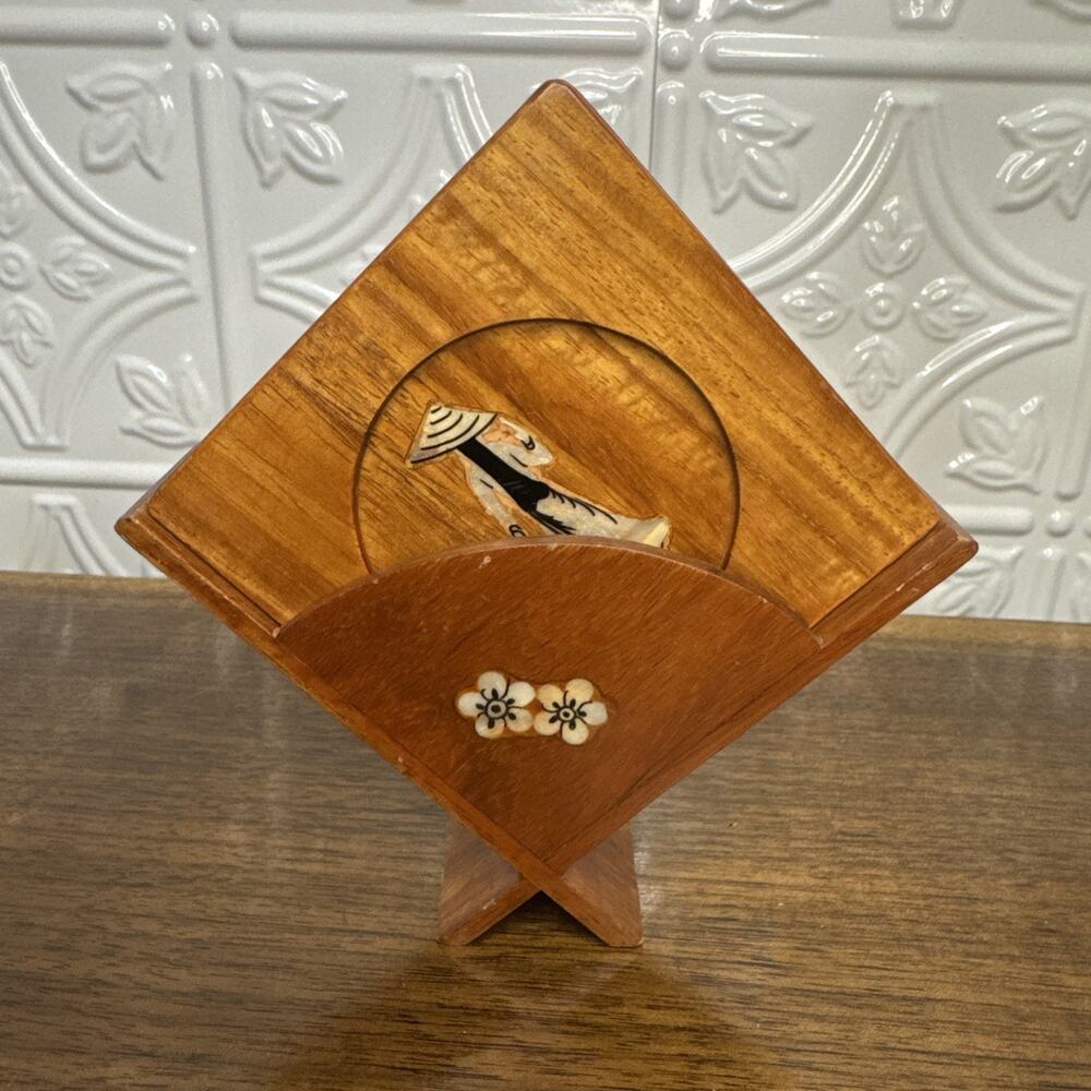 Vintage Coasters Lacquered Wooden With Inlay And Coaster Holder Lot Of 6